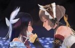  2girls absurdres artist_name bare_shoulders black_bow black_collar black_hair black_sleeves blue_eyes blue_flower bonnet bow brown_hair closed_mouth collar columbina_(genshin_impact) commentary dark_background detached_collar detached_sleeves dress flower from_side genshin_impact gloves hair_ornament hair_ribbon hand_on_another's_cheek hand_on_another's_face head_wings highres long_hair long_sleeves multicolored_hair multiple_girls multiple_wings purple_eyes purple_hair purple_streaks ribbon sandrone_(genshin_impact) sofu_baru streaked_hair two-tone_hair upper_body white_dress white_gloves white_wings wing_hair_ornament wings yuri 
