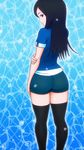  1q arm_grab ass black_hair black_legwear blue_eyes highres kamen_rider kamen_rider_ooo_(series) long_hair looking_back mezul shorts thighhighs 