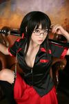  black_hair blood-c breasts cleavage contact_lens contacts cosplay female girl glasses katana red_eyes sword weapon zipper 