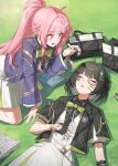 2girls absurdres adoptive_parent_and_adoptive_child aemeath_(student)_(wuthering_waves) aemeath_(wuthering_waves) bag black_bag black_gloves black_hair black_jacket book closed_eyes commentary drawing_on_another's_face dress english_commentary female_rover_(perpetual_spark)_(wuthering_waves) female_rover_(wuthering_waves) fingerless_gloves gloves hair_ornament hel1o highres holding holding_marker jacket long_hair long_sleeves looking_at_another marker mother_and_child mother_and_daughter multiple_girls open_mouth orange_eyes parent_and_child pink_hair ponytail purple_jacket rover_(wuthering_waves) school_bag sleeping smile star-shaped_pupils star_(symbol) symbol-shaped_pupils tacet_mark_(wuthering_waves) white_dress wuthering_waves 