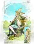  1girl absurdres animal_ears arknights artist_name bag black_cat blonde_hair blue_hairband blue_skirt brown_bag brown_shoes cardigan cat closed_mouth commentary_request cross-laced_clothes cross-laced_skirt crossover dated fox_ears fox_girl fox_tail frilled_hairband frills from_side full_body green_eyes hairband heixiu high-waist_skirt highres kitsune kyuubi long_hair long_sleeves looking_up luo_xiaohei luo_xiaohei_(cat) multiple_tails on_tree_stump puffy_long_sleeves puffy_sleeves shoes sitting skirt smile socks solo suzuran_(arknights) suzuran_(spring_praise)_(arknights) tail the_legend_of_luo_xiaohei tree_stump white_cardigan white_socks xxxxxxx_kai 