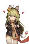  1girl absurdres ahoge animal_collar animal_ear_fluff animal_ears bell black_jacket bow brown_collar brown_shirt cat_ears cat_girl cat_tail collar commentary commission cowboy_shot crusaders_quest drooling english_commentary green_hair hair_bell hair_ornament hands_up heart heart-shaped_pupils hh highres in_heat jacket jingle_bell leash long_hair long_sleeves looking_at_viewer mew_(crusaders_quest) open_clothes open_jacket open_mouth orange_eyes paw_pose pet_play petite pixiv_commission red_bow shirt simple_background smile solo sweat symbol-shaped_pupils tail tail_bow tail_ornament thighhighs tongue tongue_out viewer_holding_leash white_background white_thighhighs 