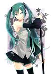  detached_sleeves green_eyes green_hair hatsune_miku kiri_(rosetta) long_hair necktie skirt smile solo thighhighs twintails very_long_hair vocaloid 