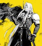  1boy armor belt black_coat black_gloves black_wings chest_strap closed_mouth coat commentary cowboy_shot feathered_wings final_fantasy final_fantasy_vii final_fantasy_vii_rebirth final_fantasy_vii_remake gloves green_eyes grey_hair holding long_hair long_sleeves male_focus masamune_(ff7) materia parted_bangs sephiroth shoulder_armor single_wing solo untranslatable_commentary wings yellow_background yunyunonigiri 
