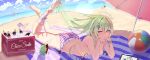  5girls absurdres aokumo_rin ass ball beach beach_towel beach_umbrella beachball bikini blue_eyes blue_shorts blush bottle breasts buried buried_in_sculpted_sand character_request chico_(yuzuha_riko) cloud cloudy_sky commentary cooler drawing_tablet english_text feet fish_hair_ornament glass_bottle grabbing_own_hair green_hair hair_intakes hair_ornament hanako_nana highres holding_own_hair holding_with_feet ice inari_(tenko_shibuki) kitsune_hero kurimi_(aokumo_rin) long_hair looking_at_viewer lying medium_breasts multiple_girls ocean on_stomach peto_(hanako_nana) ribbon shorts side-tie_bikini_bottom sky soda soda_bottle solo_focus stellive striped_bikini striped_clothes striped_shorts stylus swimsuit tan tanlines tenko_shibuki towel umbrella untied_bikini_top virtual_youtuber white_bikini white_ribbon x_hair_ornament yuzuha_riko 