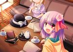  :d bad_id bad_pixiv_id blonde_hair book bow creamer_(vessel) cup dress flower hair_flower hair_ornament hat hieda_no_akyuu japanese_clothes kimono maribel_hearn marino_yuu multiple_girls open_mouth pen purple_hair red_eyes ribbon short_hair smile tea teacup touhou 