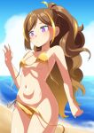  1girl anya_melfissa beach bikini blonde_hair blush brown_hair gold_bikini highres hololive hololive_indonesia iroproject71 long_hair multicolored_hair navel purple_eyes side-tie_bikini_bottom solo streaked_hair swimsuit untied_bikini_top virtual_youtuber wardrobe_malfunction 