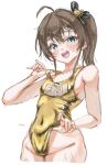  1girl ahoge blue_eyes blush brown_hair gold_one-piece_swimsuit hair_between_eyes hair_ornament highres hololive looking_at_viewer natsuiro_matsuri navel one-piece_swimsuit open_mouth ribbon rqmune06_21 side_ponytail sketch smile solo swimsuit virtual_youtuber 