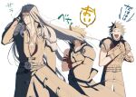  3boys armor belt belt_buckle black_coat black_hair blonde_hair buckle chest_strap closed_mouth cloud_strife coat commentary_request cowboy_shot cross_scar crossed_arms detached_sleeves fenrir_(final_fantasy) final_fantasy final_fantasy_vii final_fantasy_vii:_advent_children floating_hair grey_hair laughing long_hair looking_at_another looking_to_the_side multiple_belts multiple_boys open_mouth parted_bangs parted_lips pointing scar scar_on_cheek scar_on_face sephiroth short_hair shoulder_armor simple_background single_detached_sleeve single_shoulder_pad sleeveless sleeveless_turtleneck spiked_hair sweater translation_request turtleneck turtleneck_sweater white_background yunyunonigiri zack_fair 