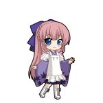  1girl blue_eyes blush boots bow chibi chibi_only full_body geta hair_bow hand_up hatsune_miku_graphy_collection japanese_clothes kimono knee_boots lace-up_boots leaf_print legs_apart maid megurine_luka no_nose pink_hair print_kimono purple_kimono senbonzakura_(vocaloid) sidelocks smile solo standing transparent_background wa_maid white_boots 