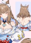  1girl absurdres ahti almond_eye_(the_changer)_(umamusume) almond_eye_(umamusume) animal_ears backless_dress backless_outfit bare_shoulders blue_gloves blush bow_hairband braid braided_sidelocks breasts brown_hair checkered_collar cleavage closed_eyes closed_mouth colored_inner_hair commentary_request detached_sleeves dress fingerless_gloves from_behind gloves hair_ornament hairband hairclip hands_on_own_hips highres horse_ears horse_girl horse_tail large_breasts long_hair multicolored_hair red_button sidelocks smile symbol-shaped_pupils tail umamusume white_hairband 