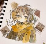  1girl ahoge bird blush_stickers brown_eyes brown_hair brown_jacket closed_mouth commentary_request cropped_torso dot_nose duck hair_between_eyes jacket original painting_(medium) photo_(medium) scarf short_hair simple_background solo traditional_media uenae_chiyiro watercolor_(medium) white_background yellow_scarf 