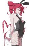  1girl @_@ animal_ears black_leotard black_necktie detached_collar drill_hair fake_animal_ears fake_tail fang fishnet_pantyhose fishnets hand_on_own_stomach highres kasane_teto leotard necktie open_mouth pantyhose pink_hair playboy_bunny rabbit_ears rabbit_tail rui_60 skin_fang solo sweat tail twin_drills utau 