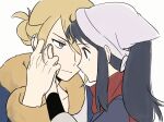  1boy 1girl akari_(pokemon) black_eyes black_hair blonde_hair chueog closed_mouth grey_eyes grey_jacket hand_on_another's_cheek hand_on_another's_face hand_up headscarf jacket long_hair long_sleeves pokemon pokemon_legends:_arceus ponytail red_scarf scarf sidelocks split_mouth upper_body volo_(pokemon) 