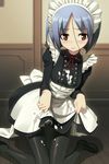  absurdres apron ayane_ichijou black_legwear blue_hair blush breasts cum cum_on_body cum_on_breasts cum_on_clothes cum_on_lower_body cum_on_upper_body highres kneeling maid maid_headdress namaniku_atk pantyhose red_eyes short_hair skirt small_breasts solo soukou_akki_muramasa 