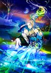  1girl artist_name bad_id bad_pixiv_id bare_shoulders blonde_hair blue_eyes blue_hair breasts carrying cleavage copyright_request crescent_moon dress fish gloves hat horse medium_breasts mizuno_uta moon necktie night night_sky one_eye_covered ponytail princess_carry scorpion short_hair sky strapless strapless_dress submerged top_hat unicorn vest waistcoat water watermark yellow_gloves 