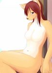  breasts canine diva female fox hair looking_at_viewer mammal midriff nude purple_eyes red_hair sitting solo 