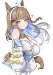  +_+ 1girl absurdres ahti almond_eye_(the_changer)_(umamusume) almond_eye_(umamusume) animal_ears bare_shoulders blue_eyes blush bow_hairband braid braided_sidelocks breasts brown_hair closed_mouth colored_inner_hair commentary_request cropped_torso detached_sleeves dress hair_between_eyes hair_ornament hairband hairclip half-closed_eyes heart highres horse_ears horse_girl horse_tail large_breasts long_hair looking_at_viewer multicolored_hair sidelocks simple_background smile solo symbol-shaped_pupils tail umamusume white_background white_hairband x-shaped_pupils 