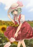  ascot bow closed_umbrella flower green_hair hat hat_bow hat_tip highres kazami_yuuka plaid plaid_skirt plaid_vest red_eyes short_hair skirt skirt_set smile solo straw_hat sunflower suzuki_nene touhou umbrella vest 