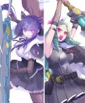  2girls arm_strap arm_up arms_up assault_lily bare_shoulders belt belt_pouch black_belt black_capelet black_ribbon black_shirt blue_eyes blue_hair blunt_bangs bow braid breasts bridal_gauntlets brown_bridal_gauntlets brown_gloves brown_pantyhose capelet closed_mouth commentary cowboy_shot cropped_jacket crown_braid elbow_gloves floating_hair gloves green_hair grey_shirt hair_bow heterochromia holding holding_sword holding_weapon lace-trimmed_skirt lace_trim large_breasts long_hair looking_ahead looking_at_viewer mila_(yuta27315) miniskirt multiple_girls neck_ribbon open_mouth pantyhose parted_bangs pink_bow pink_eyes pleated_skirt pouch red_eyes ribbon school_uniform shirt side_braid side_capelet skirt sleeveless sleeveless_shirt split_screen standing sword teeth tetsukawa_toa tsumaki_natsumi twin_braids twitter_username two-handed two-sided_capelet two-tone_shirt underbust untranslatable_commentary upper_teeth_only v-shaped_eyebrows very_long_hair weapon white_background white_capelet white_shirt yurigaoka_girls_academy_school_uniform 