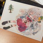  1girl :d black_socks blush_stickers closed_eyes coffee coffee_mug commentary_request crossed_bangs cup double-parted_bangs flower frilled_skirt frills full_body hair_between_eyes hair_flower hair_ornament holding holding_cup legwear_garter long_hair long_sleeves mug open_mouth original painting_(medium) photo_(medium) pine_tree red_skirt shirt simple_background skirt smile socks solo traditional_media tree uenae_chiyiro white_background white_hair white_shirt yellow_flower 