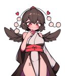  1girl :3 absurdres bare_shoulders black_dress black_hair blush breasts closed_mouth clothing_cutout commentary_request cowboy_shot double-parted_bangs dress feathered_wings groin hair_between_eyes hand_up hat heart heart-shaped_pupils hh highres kourindou_tengu_costume large_breasts leg_tattoo looking_at_viewer pelvic_curtain pointy_ears red_eyes red_hat shameimaru_aya short_hair shoulder_cutout simple_background small_sweatdrop smile solo standing symbol-shaped_pupils tally tattoo tokin_hat touhou two-tone_dress white_background white_dress wings 