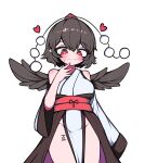  1girl :3 absurdres bare_shoulders black_dress black_hair blush breasts closed_mouth clothing_cutout commentary_request cowboy_shot double-parted_bangs dress feathered_wings groin hair_between_eyes hand_up hat heart heart-shaped_pupils hh highres kourindou_tengu_costume large_breasts leg_tattoo looking_at_viewer pelvic_curtain pointy_ears red_eyes red_hat shameimaru_aya short_hair shoulder_cutout simple_background small_sweatdrop smile solo standing symbol-shaped_pupils tally tattoo tokin_hat touhou two-tone_dress white_background white_dress wings 