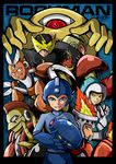  arm_cannon blue_eyes bombman cutman elecman electricity everyone fire fireman green_eyes gutsman helmet highres iceman male_focus mask multiple_boys robot rockman rockman_(character) rockman_(classic) shadow_cat weapon yellow_devil 