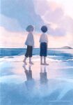  2boys absurdres akinashi_haru barefoot black_pants blue_pants bridge cloud cloudy_sky collared_shirt dress_shirt facing_away from_behind from_side highres male_focus mountain multiple_boys non-web_source official_art outdoors pants pants_rolled_up reflection ruuya1124 saihate_eki scan scenery self-scan shirt shirt_tucked_in sky standing tatsunami_shion untucked_shirt walking walking_on_liquid water 