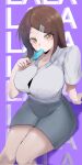  1girl breast_pocket breasts brown_eyes brown_hair button_gap character_name collarbone commentary english_commentary feet_out_of_frame food food_in_mouth grey_skirt hair_ornament hairclip hand_rest headphone071 highres holding holding_food holding_popsicle indonesian_high_school_uniform lala_(headphone071) large_breasts long_hair miniskirt orange_eyes original parallel_hairclips pocket popsicle popsicle_in_mouth purple_background school_uniform shirt_tucked_in short_sleeves sitting skirt solo text_background 