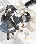  2girls absurdres animal_ear_fluff animal_ears bare_shoulders black_feathers black_hair black_jacket black_wings blonde_hair blue_shirt boots commentary_request dog_ears feathered_wings feathers fox_ears fox_tail full_body geta grey_hair grey_shirt grid_background hair_ornament hairband hairclip hakama hakama_skirt hand_fan hand_in_pocket highres holding hood jacket japanese_clothes kimono kitsune long_hair long_sleeves looking_at_viewer mask mask_pull monster_girl mouth_mask multiple_girls multiple_tails open_clothes open_jacket original pantyhose ribbon sandals shirt shoes shorts skirt smile socks standing tabi tail tyaui_(xjju4435) wings yellow_eyes zoom_layer 