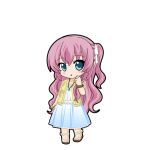  1girl :o aqua_eyes arm_at_side blouse blue_skirt blush bracelet cardigan casual chibi chibi_only full_body game_asset hair_ribbon hand_up hatsune_miku_graphy_collection jewelry looking_at_viewer medium_skirt megurine_luka necklace one_side_up open_cardigan open_clothes pink_hair ribbon sandals shirt skirt solo standing transparent_background vocaloid white_ribbon white_shirt yellow_cardigan 