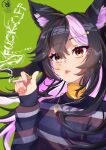  absurdres animal_ears black_hair byte-artist cigarette colored_inner_hair commentary facial_mark green_background hair_between_eyes hair_ornament heart heart_facial_mark highres indie_virtual_youtuber long_hair long_sleeves multicolored_hair orange_eyes skunk_ears skunk_girl star_(symbol) star_facial_mark star_hair_ornament streaked_hair striped_clothes striped_sweater sweater toboso_kuroi triangle triangle_facial_mark untranslatable_commentary virtual_youtuber 