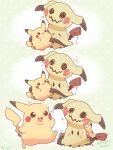  blush brown_eyes character_doll commentary_request doll drawn_eyes highres holding holding_doll mimikyu mugita_konomi no_humans open_mouth pikachu pokemon pokemon_(creature) pokemon_focus smile solid_oval_eyes sweat 