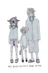  1boy 2girls alice_(mewgenics) animal_ears bandaid bandaid_on_chest bandaid_on_leg black_eyes blood brain bruise bruise_on_leg cat_ears cat_girl cat_tail closed_eyes commentary english_commentary english_text exposed_brain extra_faces franklin_(mewgenics) full_body green_hair grey_shorts grin hair_pulled_back highres holding_hands injury lazy_eye looking_at_viewer mewgenics multiple_girls mutation nosebleed personification sandals saula0607 shirt short_hair shorts simple_background sleeves_past_fingers sleeves_past_wrists smile socks stacy_(mewgenics) standing striped_clothes striped_shirt tail tears third_eye tongue tongue_out tumor white_background white_hair white_shirt white_socks 