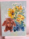  animal animal_focus closed_mouth commentary_request dog flower flower_focus highres no_humans original painting_(medium) photo_(medium) sunflower traditional_media uenae_chiyiro white_flower yellow_flower 