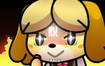  :&gt; aggressive_retsuko animal_crossing anthro big_ears canine close-up clothed clothing crossover dog english_text female fire floppy_ears glowing glowing_eyes isabelle_(animal_crossing) japanese_text jojodear mammal nintendo sanrio shih_tzu shirt smile solo text video_games 