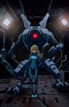  1girl arm_cannon assault_visor blonde_hair blue_bodysuit blue_eyes bodysuit breasts character_name claws closed_mouth copyright_name covered_navel e.m.m.i._(metroid) felipe_uribe full_body glowing glowing_eye glowing_eyes gun hand_on_own_hip handgun high_ponytail highres holding holding_gun holding_weapon impossible_bodysuit impossible_clothes long_hair looking_at_viewer mecha medium_breasts metroid metroid_dread mole mole_under_mouth monster one-eyed paralyzer ponytail red_eyes robot samus_aran science_fiction skin_tight space standing weapon zero_suit 