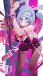  1girl animal_ear_hairband animal_ears bare_shoulders black_leotard blue_eyes blue_hair blush breasts card commentary_request cuffs facial_mark fake_animal_ears fishnet_pantyhose fishnets hair_ornament hairband hatsune_miku highres leotard long_hair looking_at_viewer medium_breasts modare pantyhose pink_pupils playboy_bunny playing_card pole rabbit_ear_hairband rabbit_ears rabbit_hole_(vocaloid) smile solo stripper_pole teardrop_facial_mark thigh_strap twintails vocaloid x_hair_ornament 