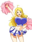  1girl ahoge blonde_hair blush breasts cheerleader green_eyes hoshii_miki idolmaster impossible_clothes impossible_shirt kawanuma_uotsuri large_breasts long_hair navel pom_poms shirt skirt smile 