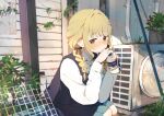  1girl absurdres black_vest blonde_hair blue_bow blue_bowtie blue_skirt blush bottle bow bowtie braid brown_eyes closed_mouth commentary_request condenser_unit fujita_kotone gakuen_idolmaster highres holding holding_bottle idolmaster long_hair miniskirt namae_kimaranai outdoors plaid_bow plaid_bowtie plaid_clothes pleated_skirt shirt skirt solo squatting twin_braids twitter_username vest watermark white_shirt 