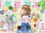  1girl balloon blue_skirt blush brown_eyes brown_hair colored_pencil_(medium) commentary_request cowboy_shot food from_side hands_up highres holding holding_food holding_ice_cream ice_cream long_hair open_mouth original ponytail shirt short_sleeves sidelocks skirt solo traditional_media uenae_chiyiro white_shirt 