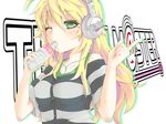  blonde_hair blush bottle drinking green_eyes headphones hoshii_miki idolmaster idolmaster_(classic) long_hair pointing solo tank_top yuu_(genkai77) 