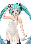  :d apron aqua_eyes aqua_hair bare_shoulders face hatsune_miku highres ladle long_hair miu_(angelo_whitechoc) naked_apron open_mouth salute see-through simple_background smile solo thighhighs twintails very_long_hair vocaloid vocaloid_(lat-type_ver) 