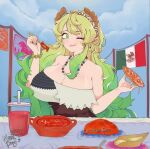 1girl alternate_costume bacon bare_shoulders bead_bracelet bead_necklace beads blonde_hair blue_sky bracelet breasts burger cleavage cloud cup day dragon_girl dragon_horns dress drinking_straw eating flag food food_on_face fork french_fries gradient_hair green_eyes green_hair hairband holding holding_food horns huge_breasts italian_flag jewelry ketchup kobayashi-san_chi_no_maidragon long_hair looking_at_viewer lucoa_(maidragon) meat mexican_clothes mexican_dress mexican_flag mexico multicolored_hair necklace one_eye_closed pambazo pasta pozole quetzalcoatl_(dragon_maid) sky smile solo strapless string_of_flags tamales tostada very_long_hair 