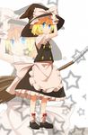  apron blonde_hair blue_eyes bow broom cuffs ema20 frills hand_on_headwear hat hat_bow kirisame_marisa looking_at_viewer o3o short_hair solo standing star taker_(flamestorm) touhou white_bow witch_hat wrist_cuffs zoom_layer 