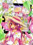  1girl :d absurdres aerial_fireworks blush brown_hat collarbone colored_pencil_(medium) commentary_request crying crying_with_eyes_open dot_nose double-parted_bangs fireworks fish flower hair_between_eyes hat highres leaf long_hair looking_at_viewer neckerchief open_mouth original pink_flower pink_hair pink_neckerchief pink_sailor_collar sailor_collar school_uniform serafuku shirt short_sleeves smile solo sparkle straw_hat tears traditional_media uenae_chiyiro upper_body white_shirt 