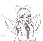  1girl absurdres bow breasts closed_mouth commentary_request expressionless greyscale hair_bow hh highres large_breasts lineart long_hair looking_at_viewer monochrome parted_bangs reiuji_utsuho shirt short_sleeves simple_background solo touhou upper_body white_background wings 