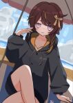  1girl aki_kepan anya_melfissa anya_melfissa_(indonesian_casual) blonde_hair brown_hair highres hololive hololive_indonesia hood hoodie looking_at_viewer multicolored_hair official_alternate_costume purple_eyes short_hair solo streaked_hair virtual_youtuber 