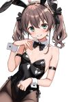 1girl absurdres animal_ear_hairband animal_ears armband black_bow black_bowtie black_leotard bow bowtie breasts brown_hair commentary_request daelriibres detached_collar fake_animal_ears green_eyes hairband highleg highleg_leotard highres hololive leotard natsuiro_matsuri pantyhose parted_lips playboy_bunny rabbit_ears side-tie_leotard small_breasts smile solo strapless strapless_leotard twintails wavy_hair wrist_cuffs 